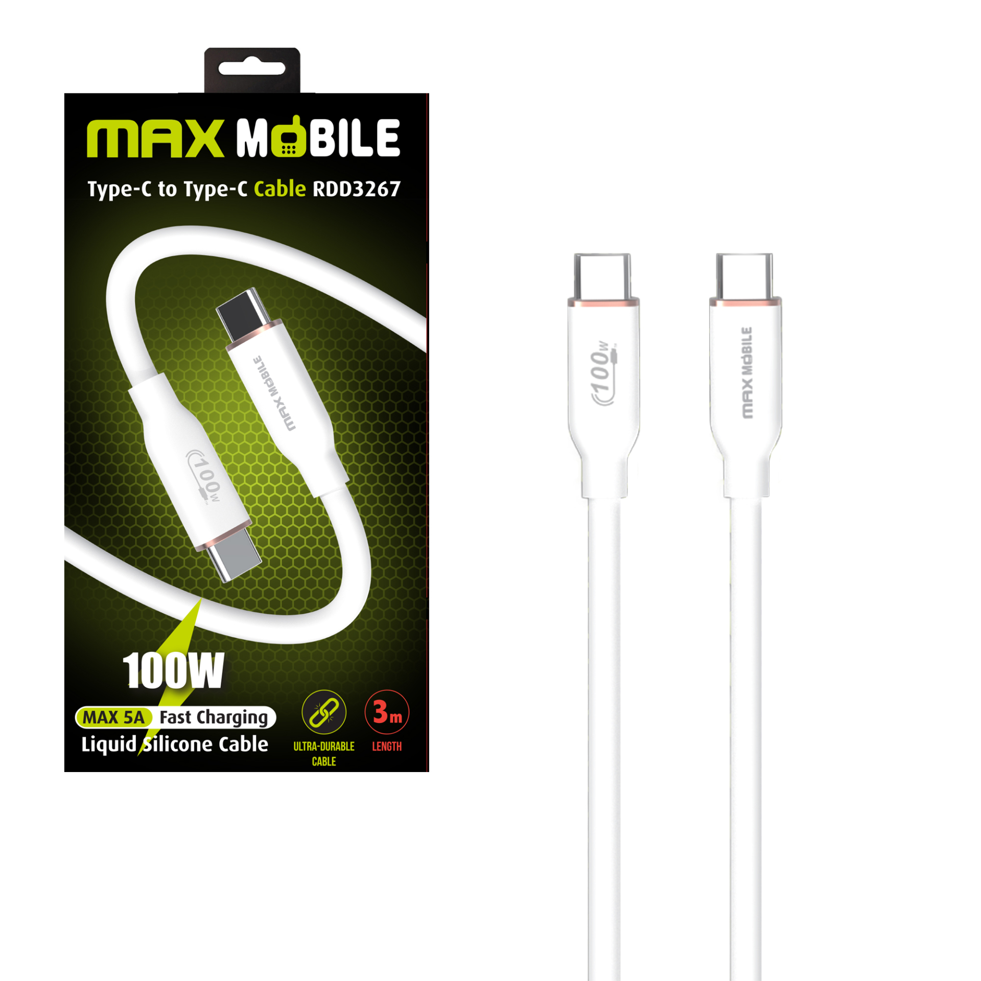 MAXMOBILE-DATA-KABEL-TYPE-C-TYPE-C-Silicone-RDD3267-WHITE-QC-100W-5A-3m